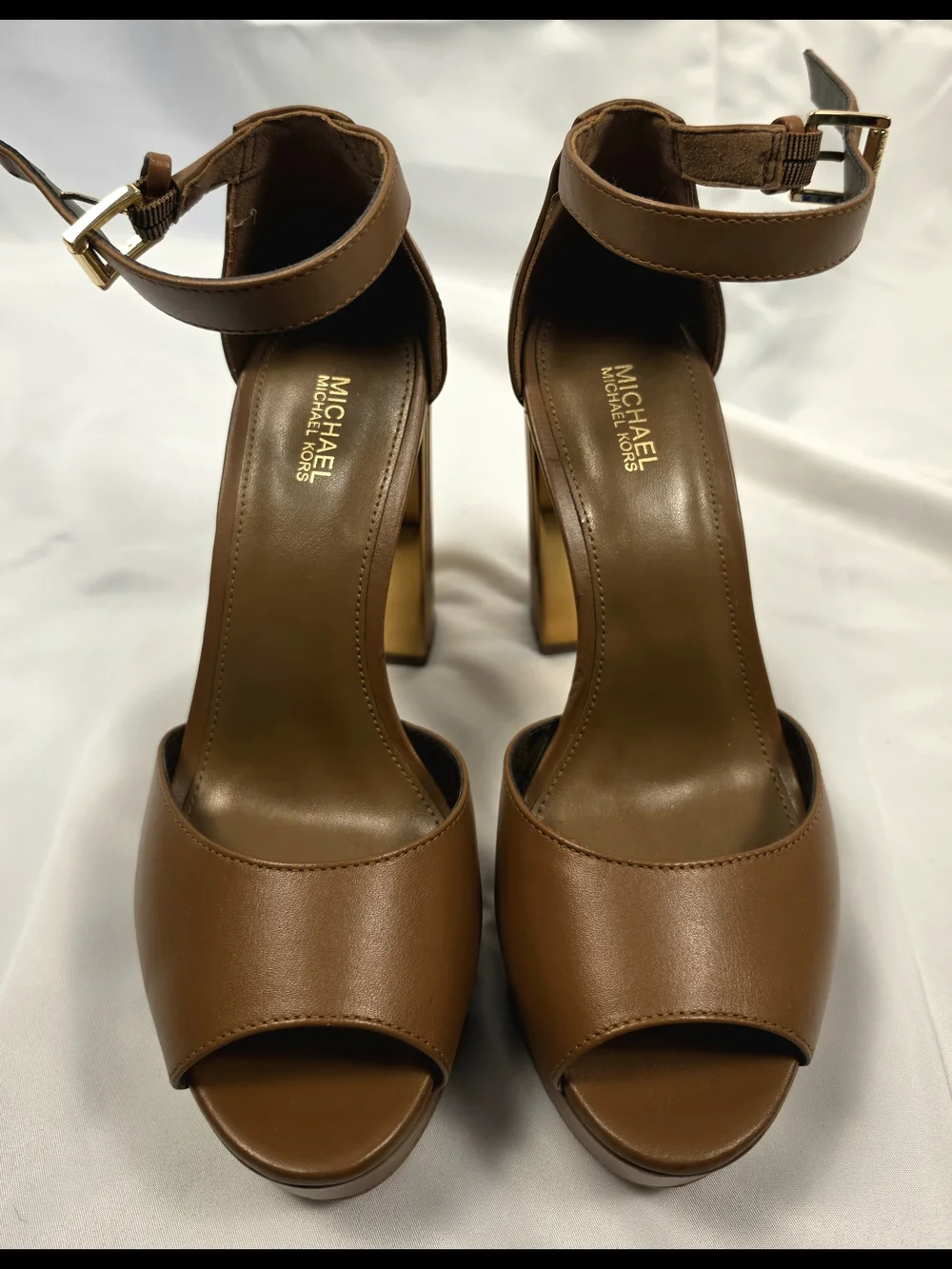 Michael Kors Brown Leather Platform Sandals with Gold Block Heel